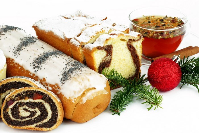 Christmas pastries with tea and ornament
