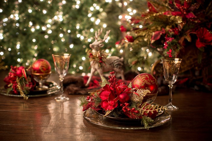 Christmas Table Setting with Ornaments and Glasses