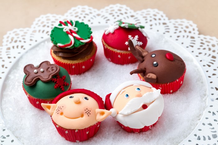 Christmas cupcakes with Santa, elf, reindeer, gingerbread man