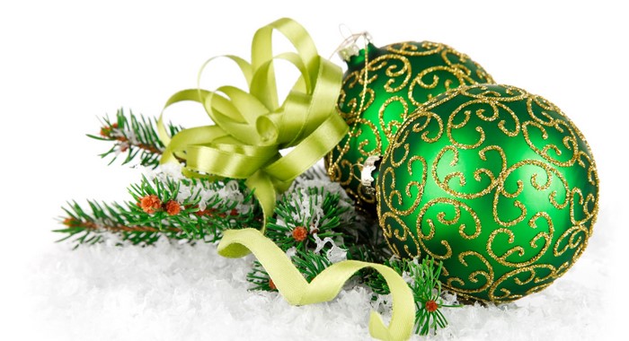 Green Christmas Ornaments with Ribbon and Pine Needles