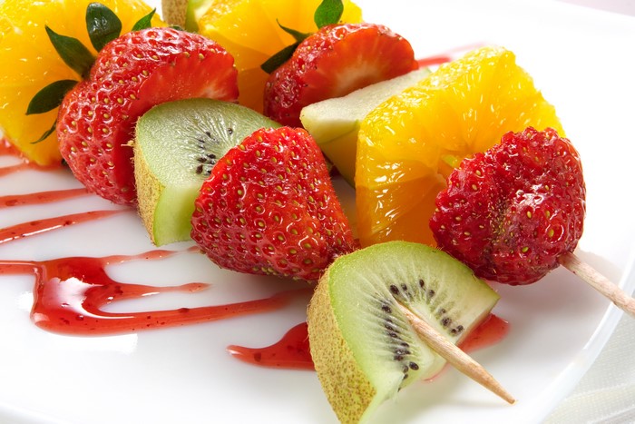 Fruit Skewers with Strawberry, Kiwi, and Orange
