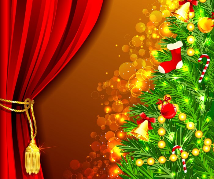 Christmas Tree with Decorations and Red Curtain