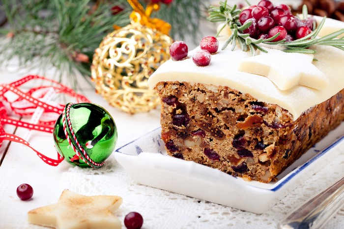 Christmas fruitcake with festive decorations