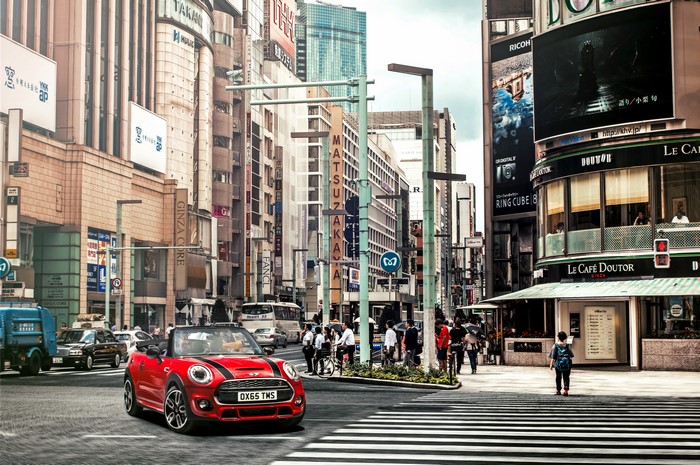 Red Mini Cooper S Cabriolet on Ginza Street, Tokyo