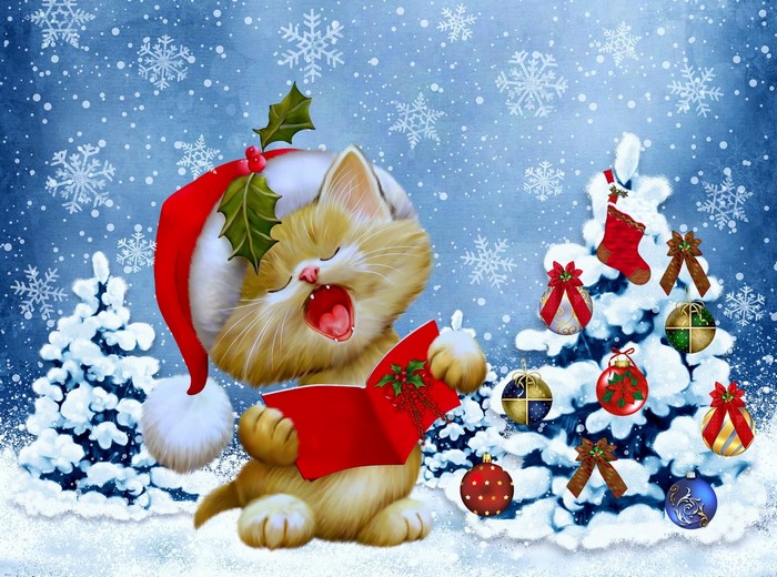 Kitten in Santa hat singing Christmas carols by a decorated tree