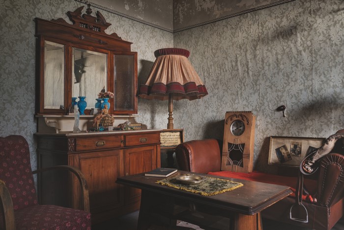 Interior of a vintage living room with antique furniture