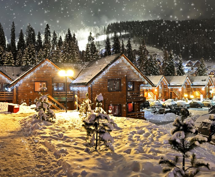 4K Winter Night Snowy Houses with Fairy Lights