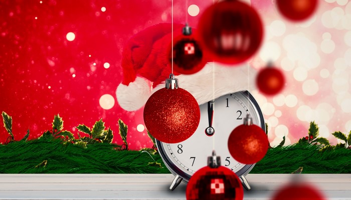 Christmas Clock with Santa Hat and Ornaments