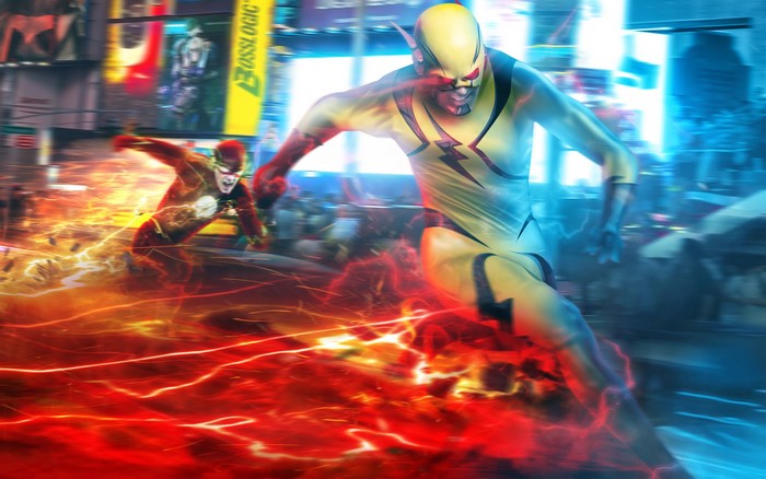 Reverse-Flash and Flash running in a city