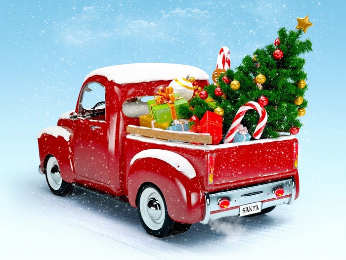 Red Christmas Truck with Gifts and Tree