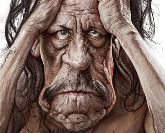 Close-up portrait of an old man with hands on head