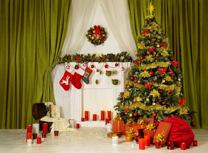Christmas Tree and Fireplace with Gifts and Candles