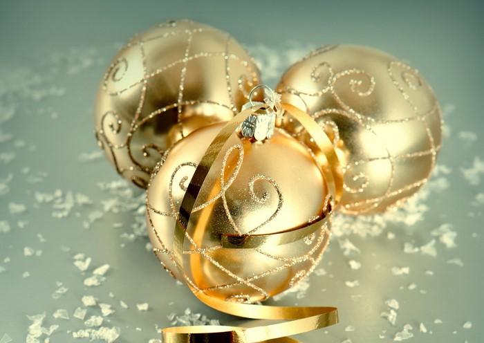 Gold Christmas Ornaments with Glitter and Ribbon