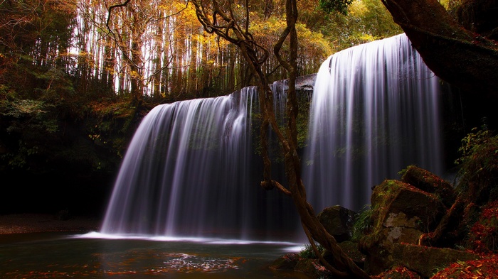 Waterfall in a forest with autumn foliage
