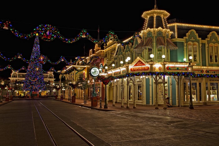 Christmas Tree and Decorated Street in Disneyland at Night