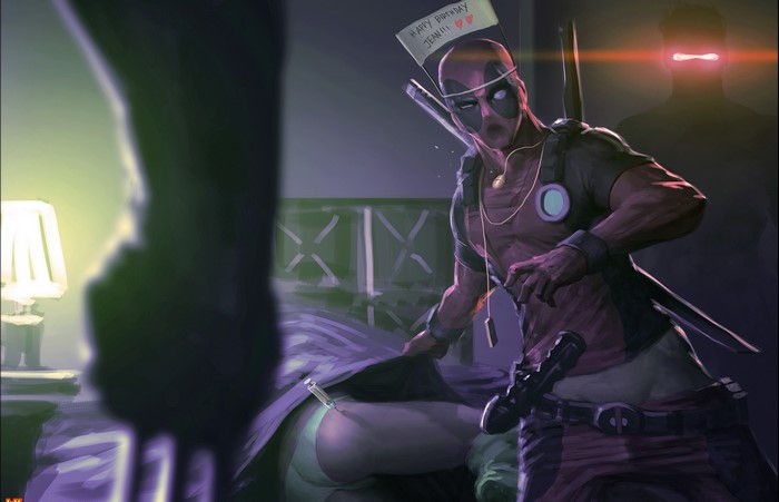 Deadpool injecting someone in bed