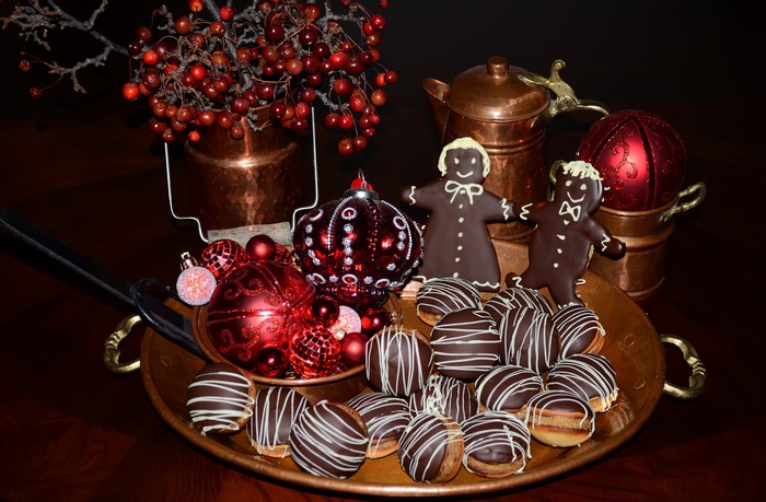 Christmas cookies and ornaments with copper decor