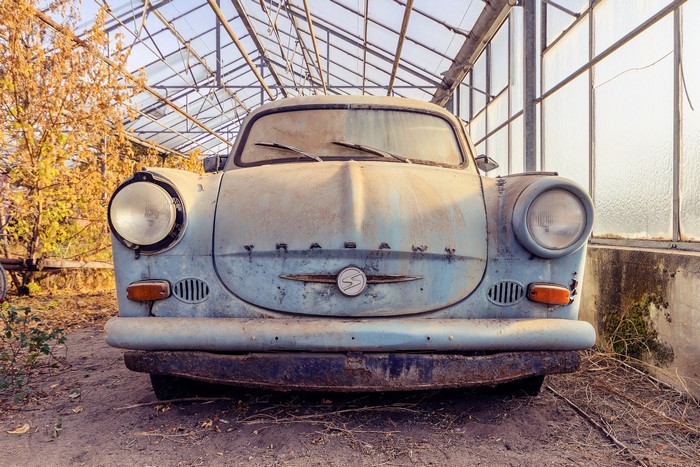 Old Trabant car in a greenhouse