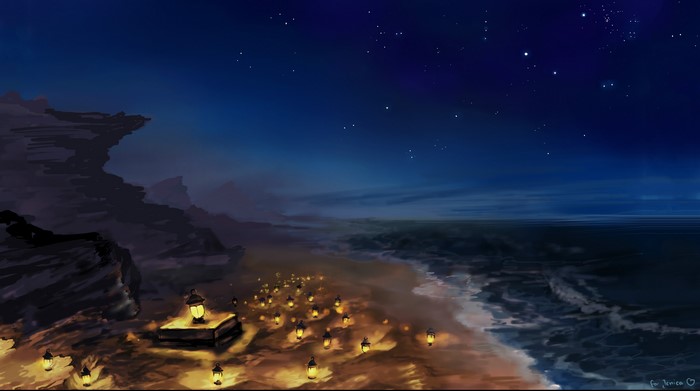 Night beach with lanterns and starry sky