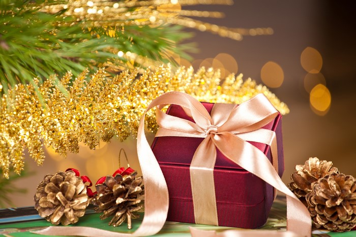 Christmas gift with pine cones and ornaments