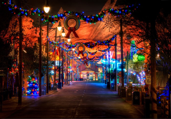Cars Land at Disneyland during Christmas at Night