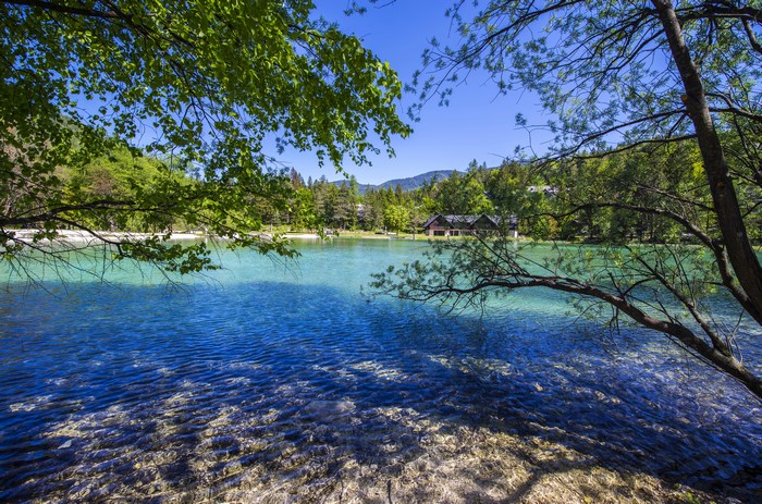 Lake Jasna, Slovenia, with Trees and Buildings