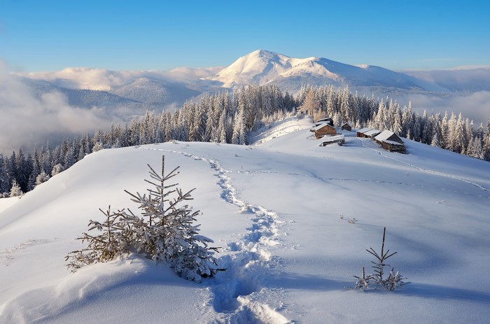 Winter mountain scenery with snow-covered forests and houses