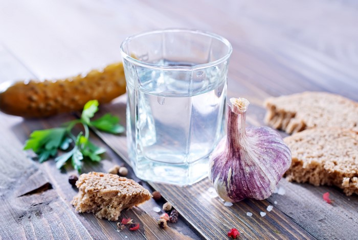 Vodka with bread, garlic, and cucumber
