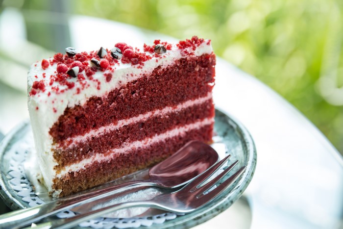 Red Velvet Cake Slice on a Plate with Utensils