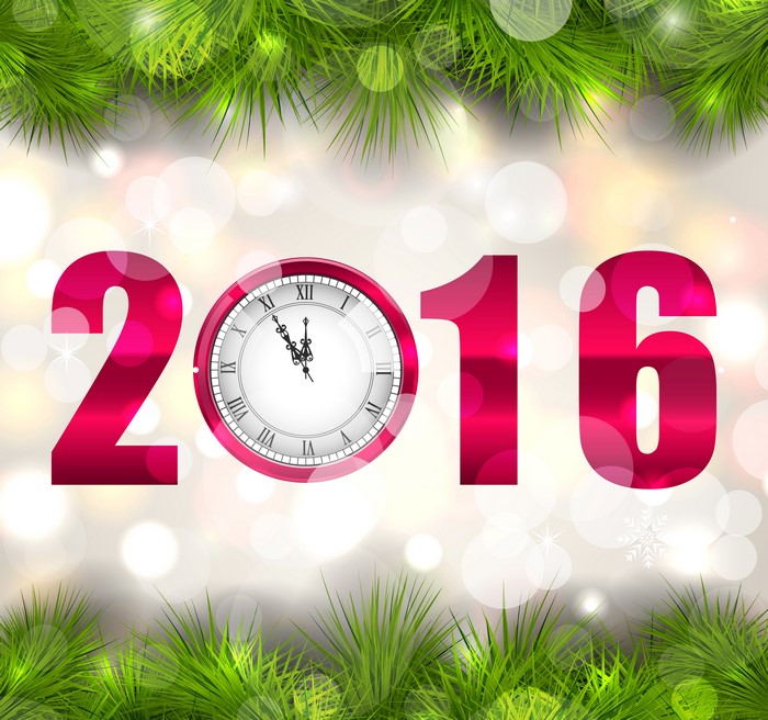 2016 New Year Clock with Pine Branches