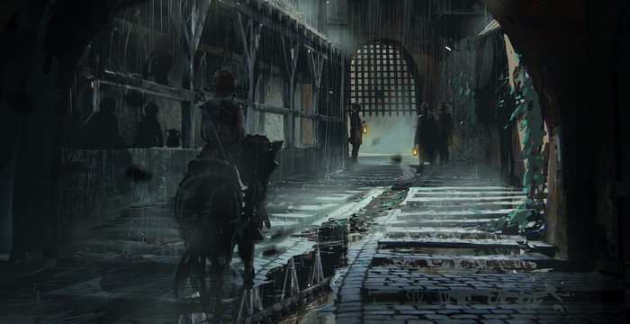 Medieval street at night with horses and people