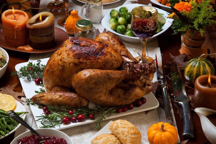 Thanksgiving Dinner with Roast Turkey and Candles