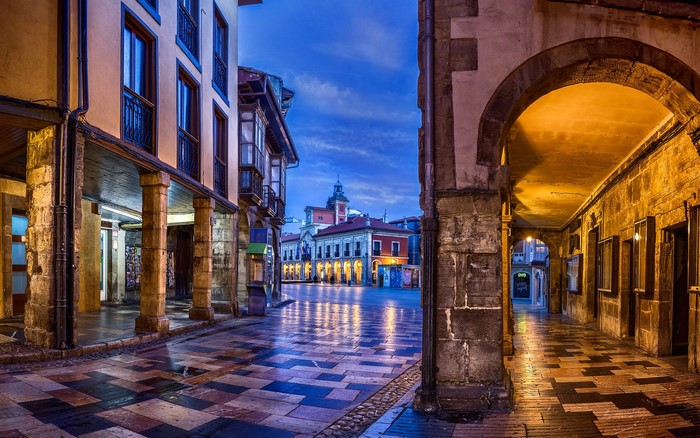 Street in Aviles, Asturias, Spain at Night