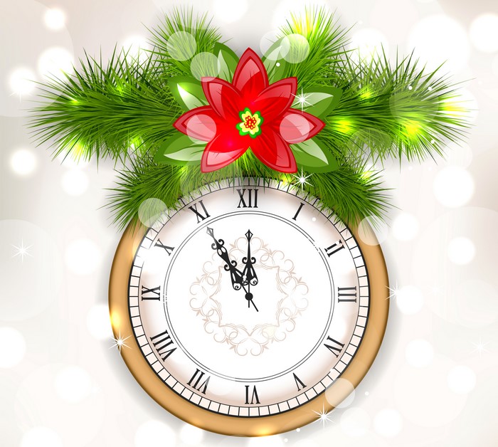 Christmas Clock with Poinsettia and Pine Branches