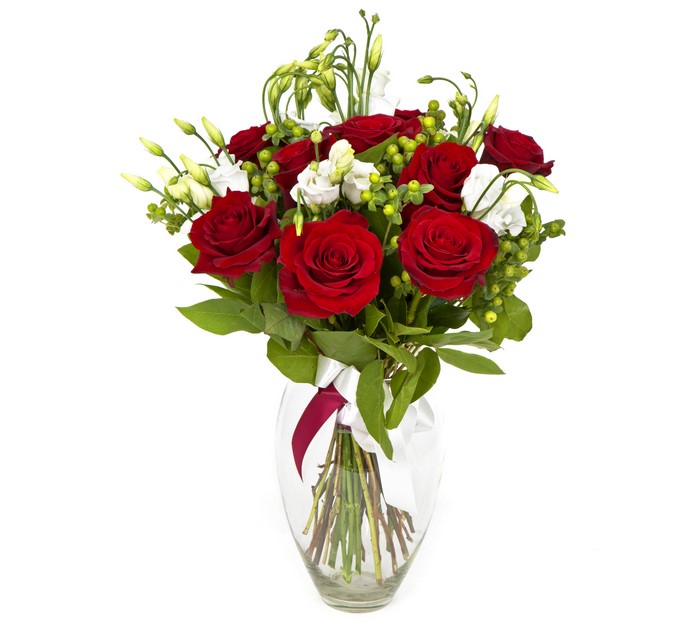 Red Roses and White Eustoma Bouquet in a Vase