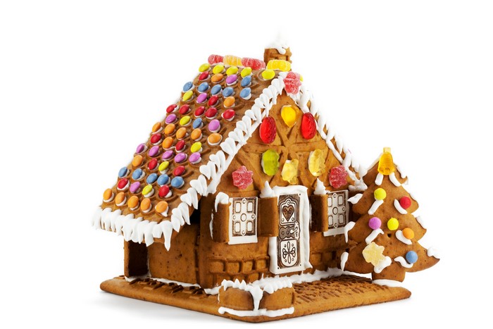 Gingerbread house decorated with candies and icing