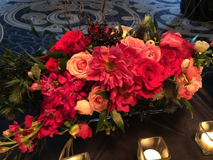 Floral arrangement with roses and dahlias