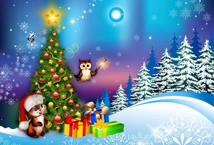 Christmas scene with decorated tree, gifts, owl, and bunny
