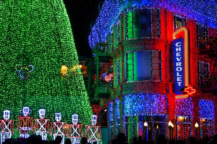 Disneyland Christmas Tree and Chevrolet Building with Lights