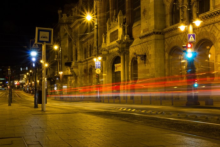 Night street in Budapest with light trails