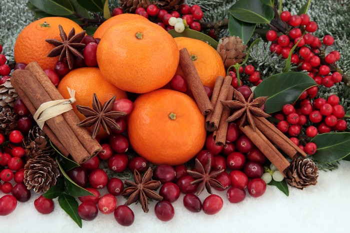 Christmas Mandarins with Cinnamon, Star Anise, Cranberries, and Pine Cones