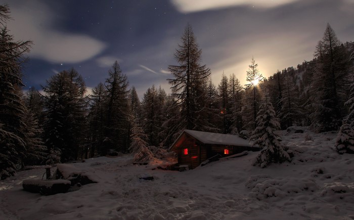 Cabin in a snowy forest at night