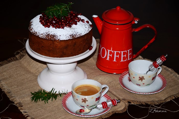 Christmas Cake with Pomegranates and Coffee