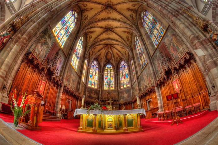 Interior of a French Cathedral with Stained Glass Windows