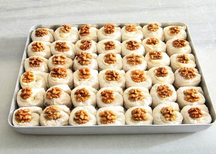 Tray of baklava with walnuts