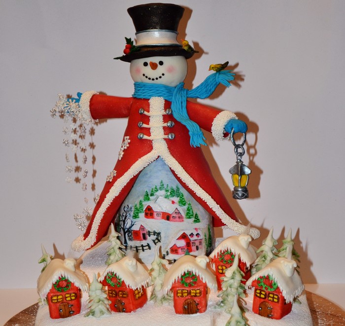 Snowman cake with winter village and houses
