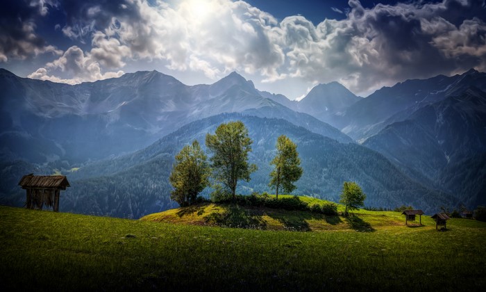 Mountain Scenery with Trees and Huts