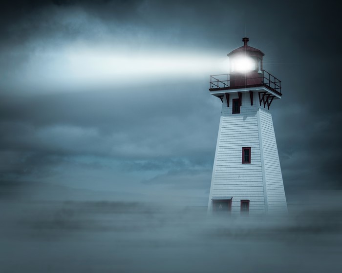4K Lighthouse in Fog at Night
