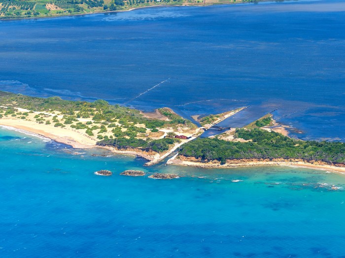 Aerial view of a coastal island in Greece