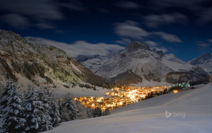 Lech am Arlberg village at night in Austria